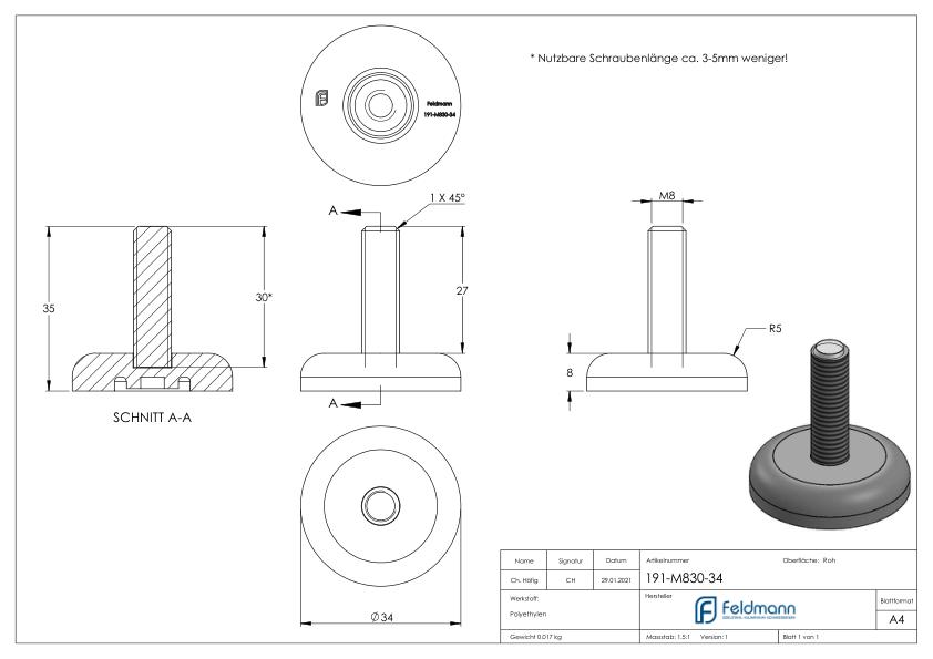 Stellfuß mit Bodenausgleichsschraube M8x30