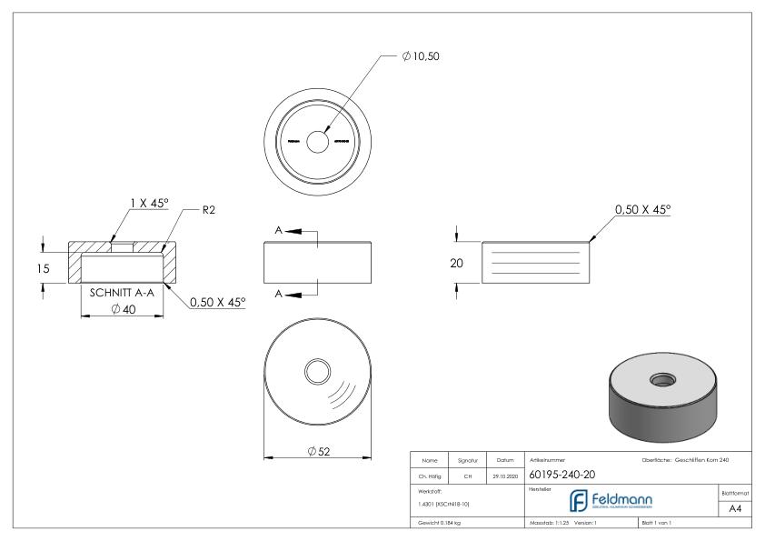 Unterteil Ø 52 mm, mit Durchgangsbohrung , t: 20mm, V2A Unterteil Ø 52 mm, mit Durchgangsbohrung , t: 20mm, V2A