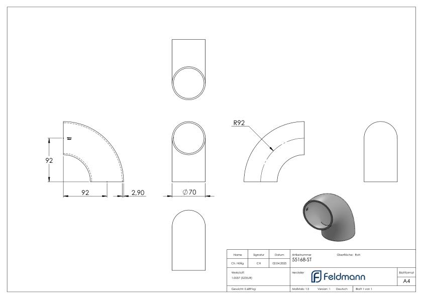 Schweißbogen 90° 70 x 2,9mm, Bauart 3