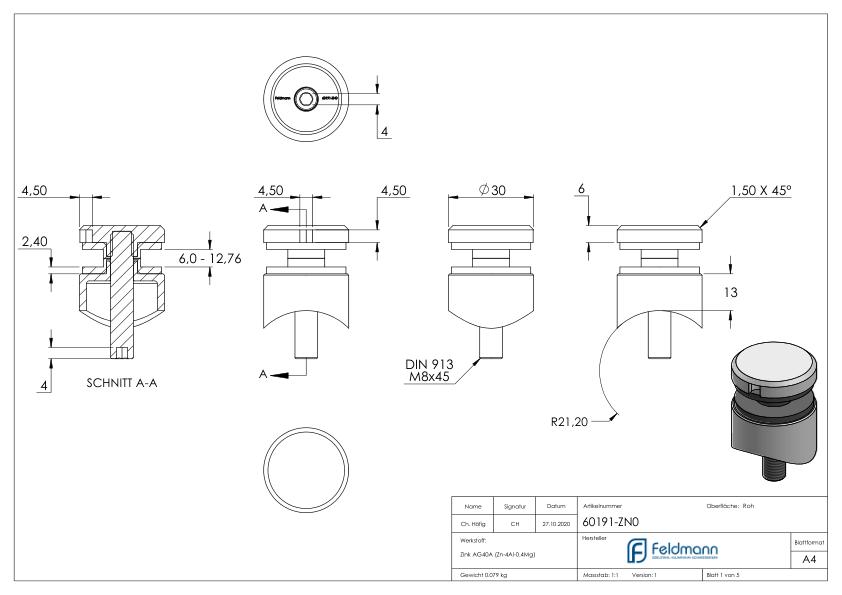 Glaspunkthalter 30mm, Anschluss: 42,4mm, Zink roh
