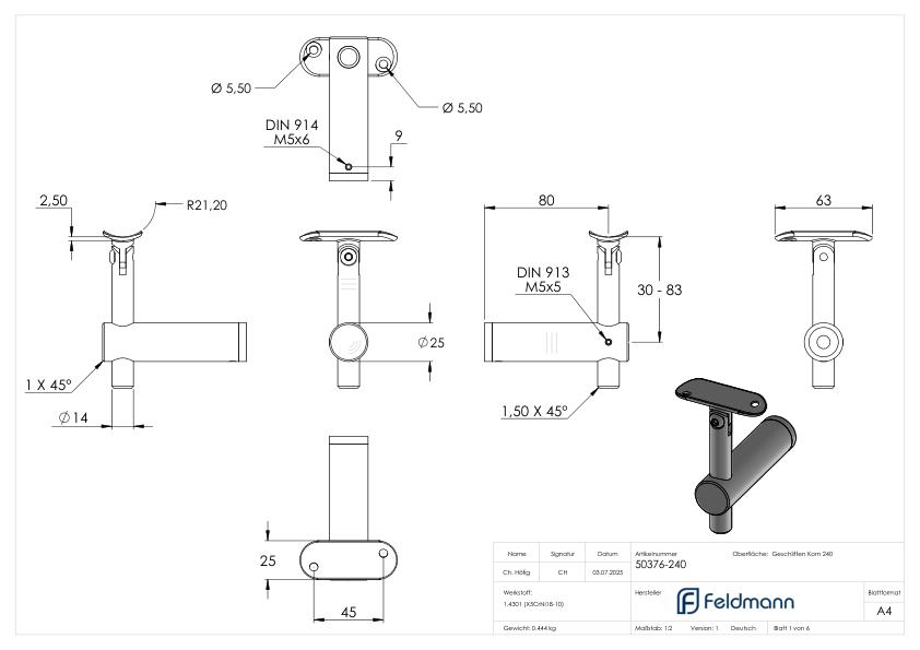Handlaufhalter mit Gelenk, Handlaufanschlussplatte 42,4mm, V2A