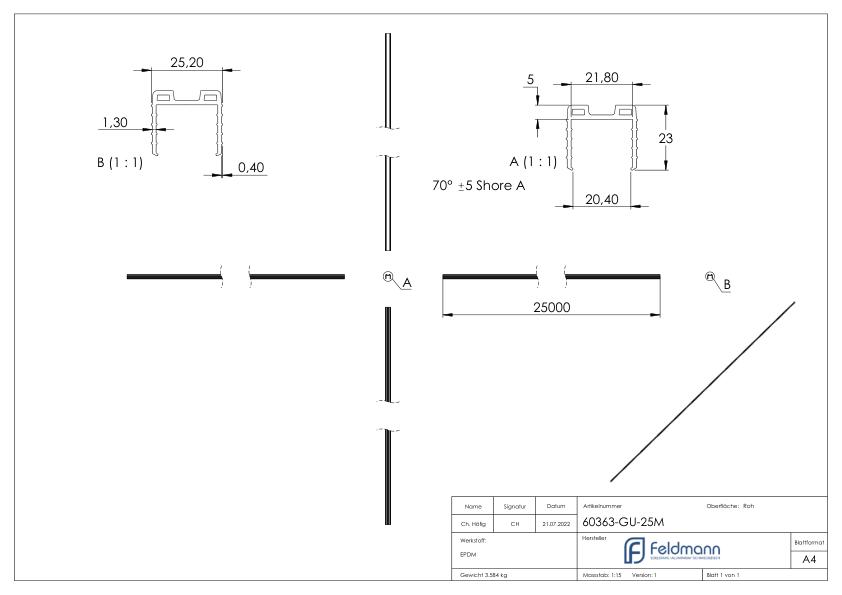 Keildichtung Glas 20,76 – 21,52mm, für Nut 24x24mm, 25m, EPDM