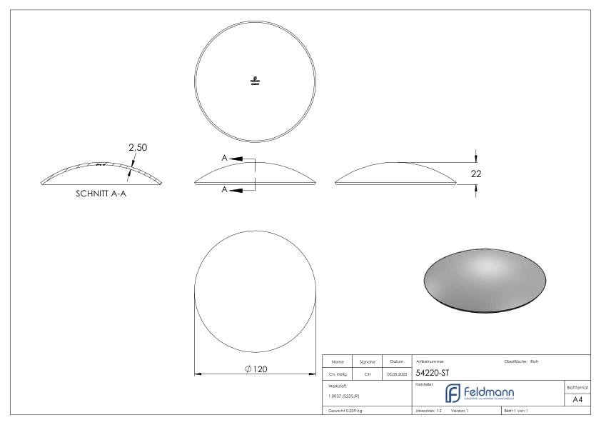 Halbrundschale 120x2,5mm, H: 22mm