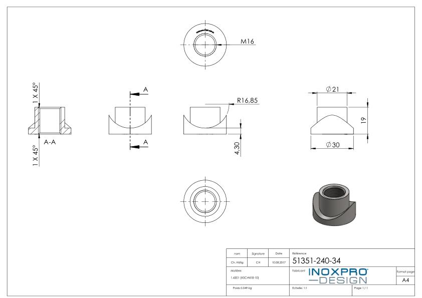 Gewindehülse, passend zu Torband 120-M16-VA, für Rohr 33,7mm, V2A