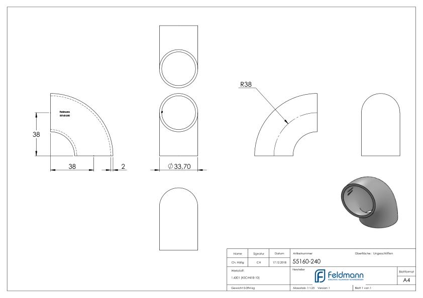 Schweißbogen 90°, 33,7x2,0mm, ungeschliffen, V2A