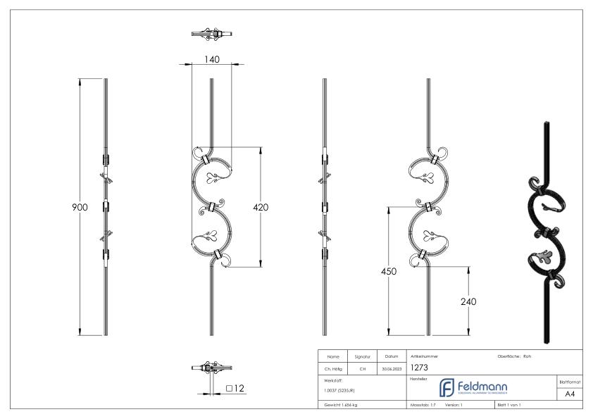 Zierstab 12x12mm, gerillt, Barock, H: 900mm