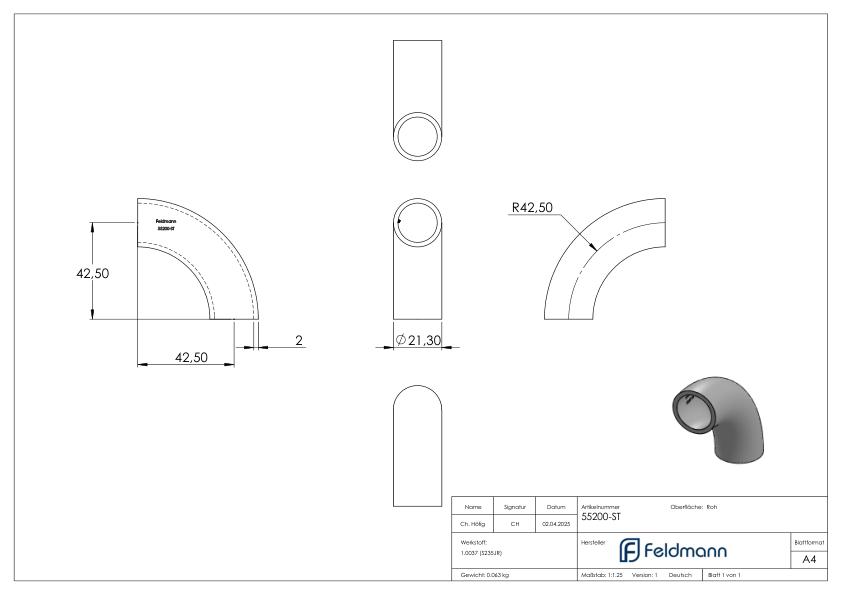 Schweißbogen 90°, 21,3 x 2,0mm, Bauart 5