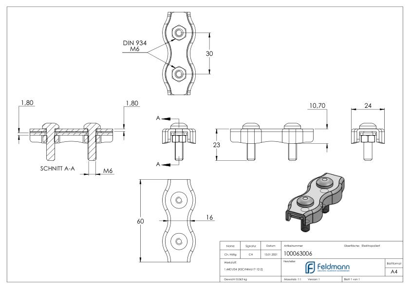 Duplexklemmen für Seil 6mm, V4A Duplexklemmen für Seil 6mm, V4A