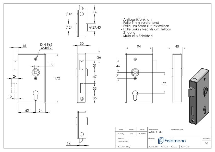 Anti-Panikschloss mit Schlosskasten 30 x 94 x 172mm, mit Wechselfunktion E, DIN R & L