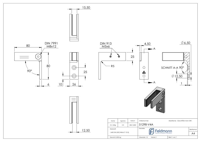 Glasverbinder für Wandmontage, für Glas 12 - 12,76mm, V4A