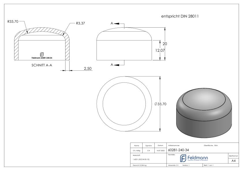 Klöpperboden 33,7x2,0mm, DIN 28011, V2A