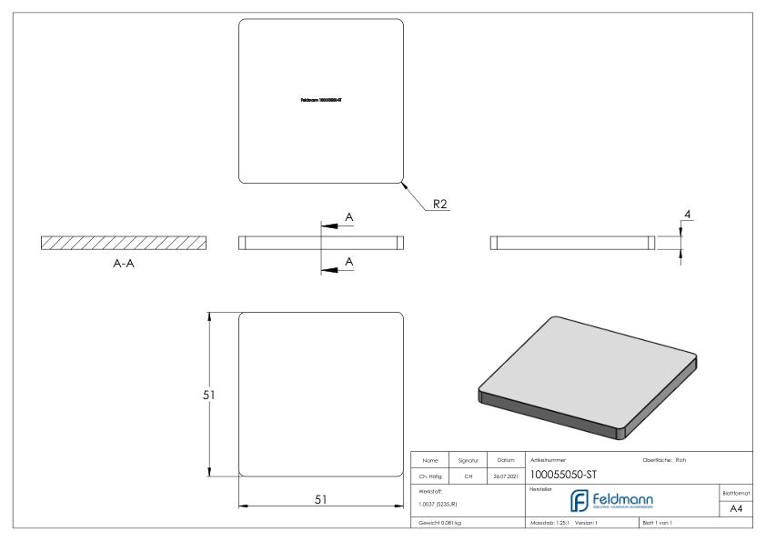 Flachkappe für QR 50x50mm, Stahl roh