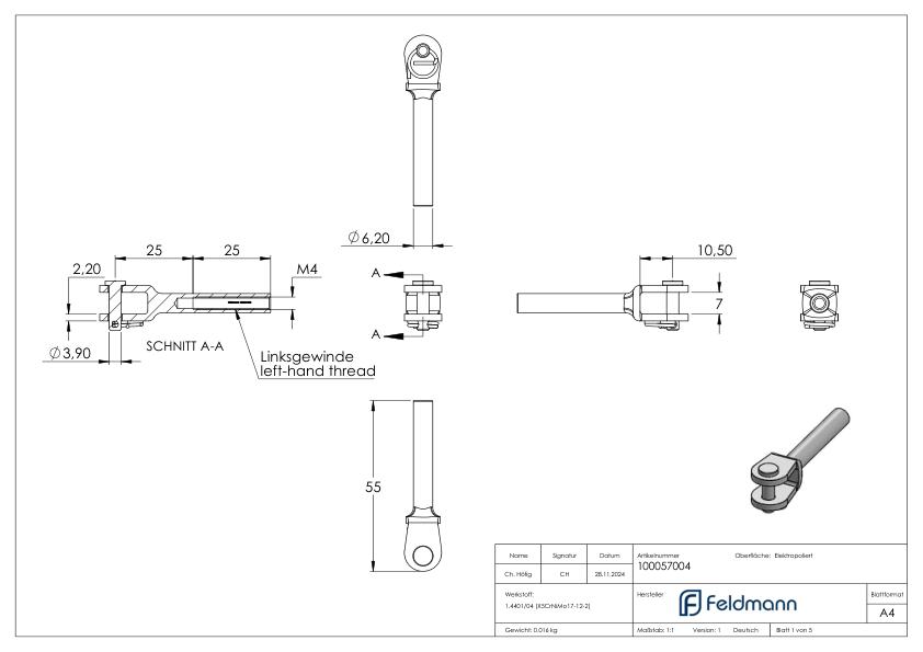 Gabelterminal mit Innengew. M4 links, V4A