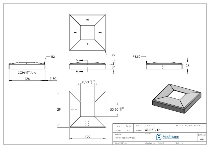Abdeckrosette, 129x129x25mm für 50x50mm, V4A