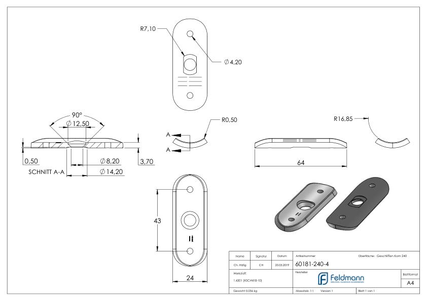 Handlaufanschlussplatte, 33,7mm, zum Vernieten, V2A