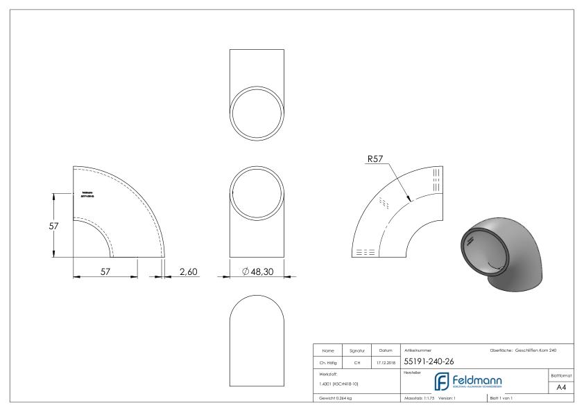 Schweißbogen 90°, 48,3x2,6mm, V2A