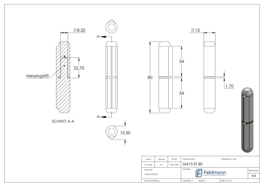 Anschweißband mit Messingring und -stift, Länge: 80mm
