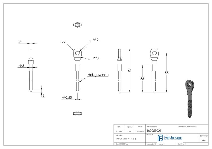 Augenschraube, mit Holzgewinde 5mm, V4A