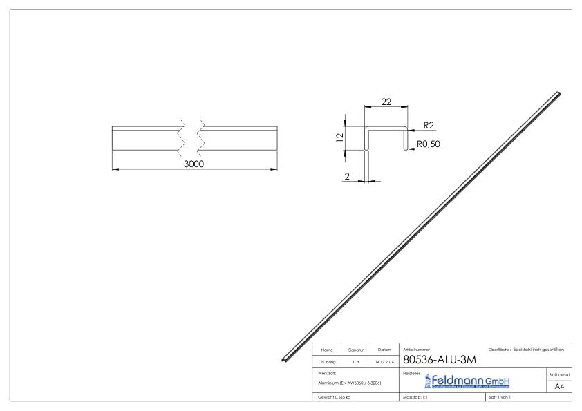 Aluminium-U-Profil, 22x12x2mm, L: 3000mm