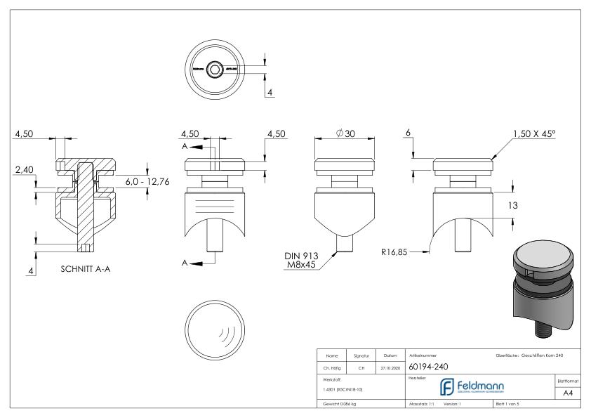 Glaspunkthalter 30mm, Anschluss: 33,7mm, V2A
