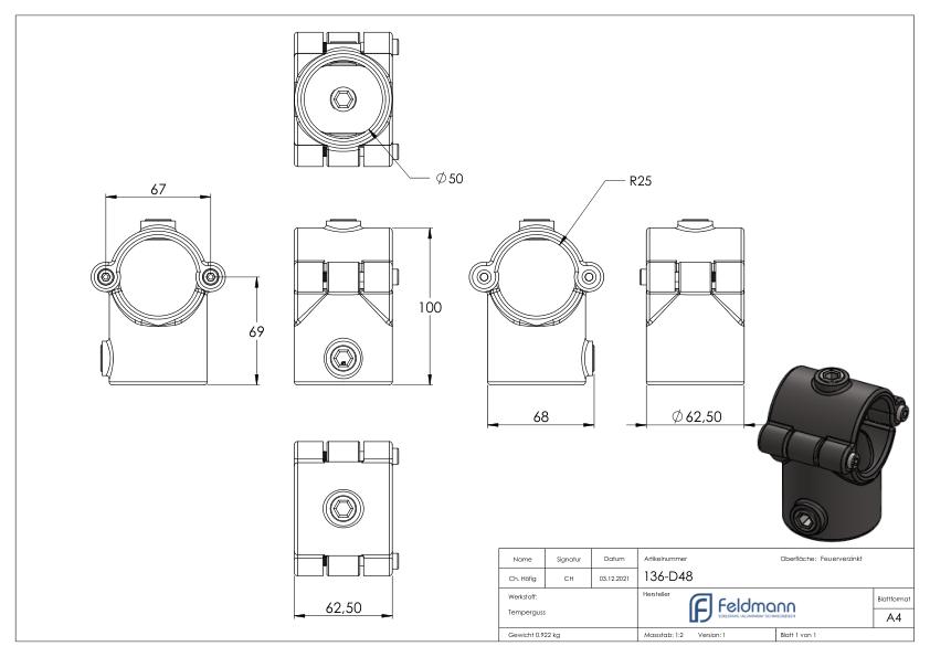 T-Stück aufklappbar, für Rohr Ø 48,3mm