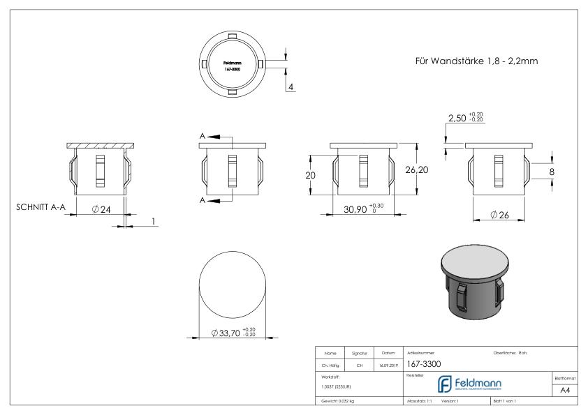 Stahleinschlagkappe, für Rohr 33,7mm