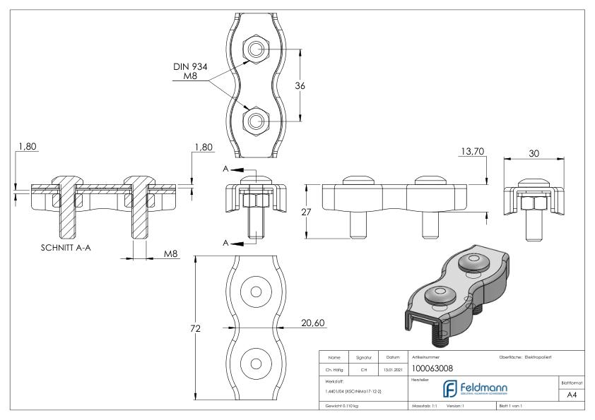 Duplexklemmen für Seil 8mm, V4A Duplexklemmen für Seil 8mm, V4A