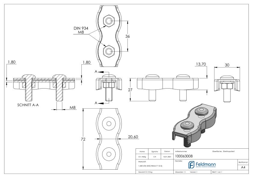 Duplexklemmen für Seil 8mm, V4A