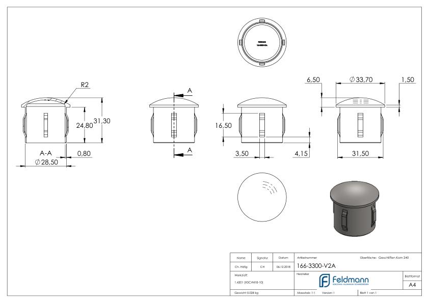 Rohrabschlussstopfen, für Rohr 33,7x2,0 - 2,5mm, V2A