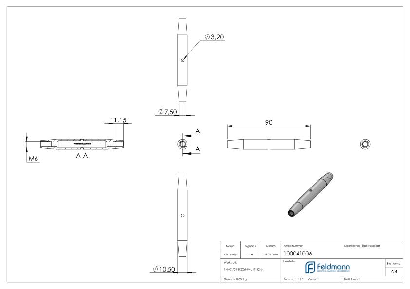 Wantenspanner mit Links- und Rechtsgewinde M6, V4A