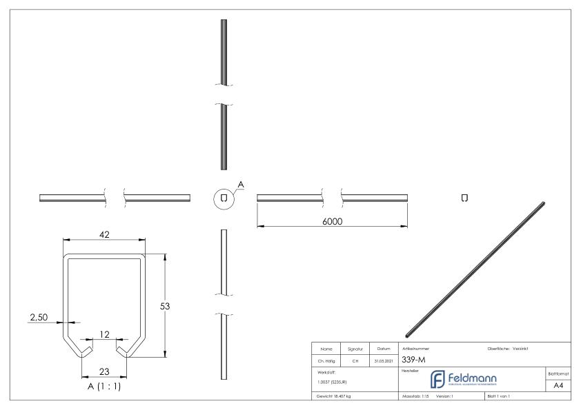 Laufschiene für Hängetore, groß, L: 6000mm