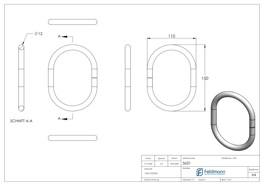 Ring 12mm, oval, 150x110mm
