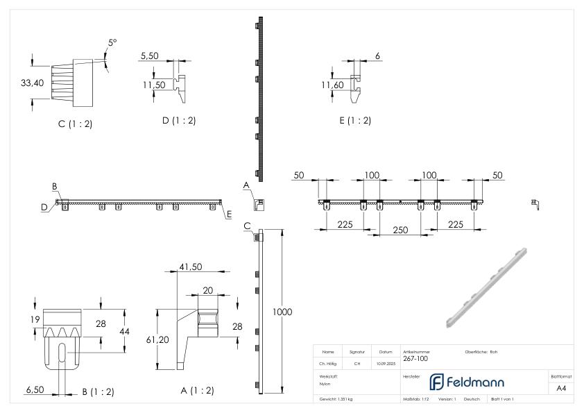 Zahnstange 28 x 20mm, aus verstärktem Nylon mit Stahlkern, Länge 1m, ohne Befestigungsmaterial