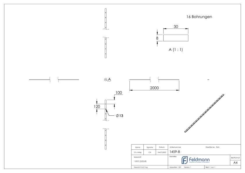Lochleiste 30x8mm, Lochabstand 120mm, 2000mm