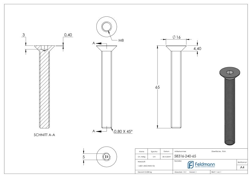 Senkkopfschraube M8x65, V2A, ISO 10642
