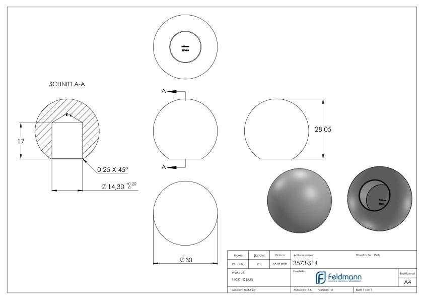 Massivkugel 30mm, mit Sackloch 14,3mm