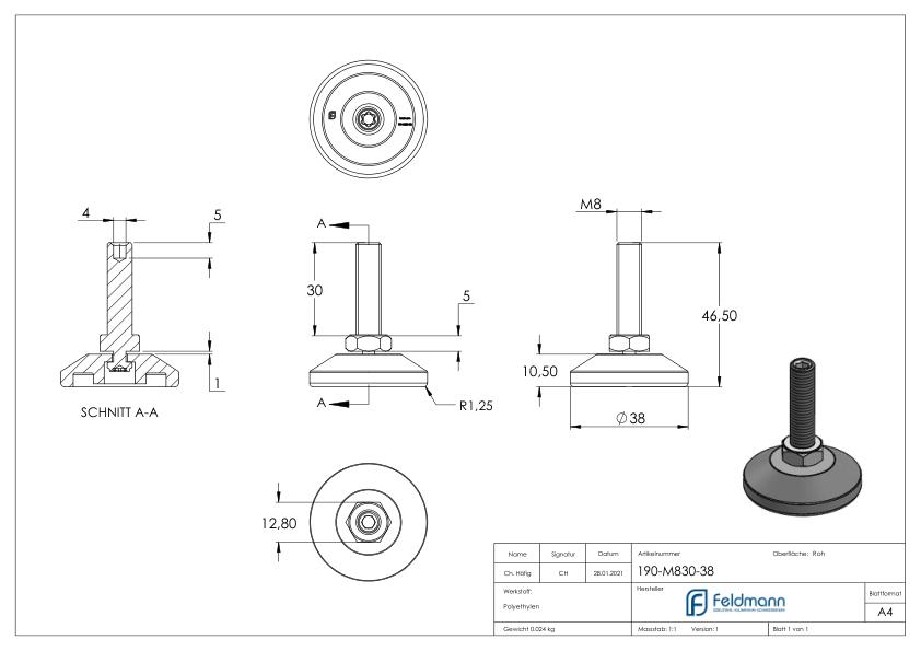 Stellfuß mit Justierschraube mit Innensechskant