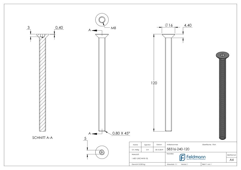 Senkkopfschraube M8x120, V2A, ISO 10642