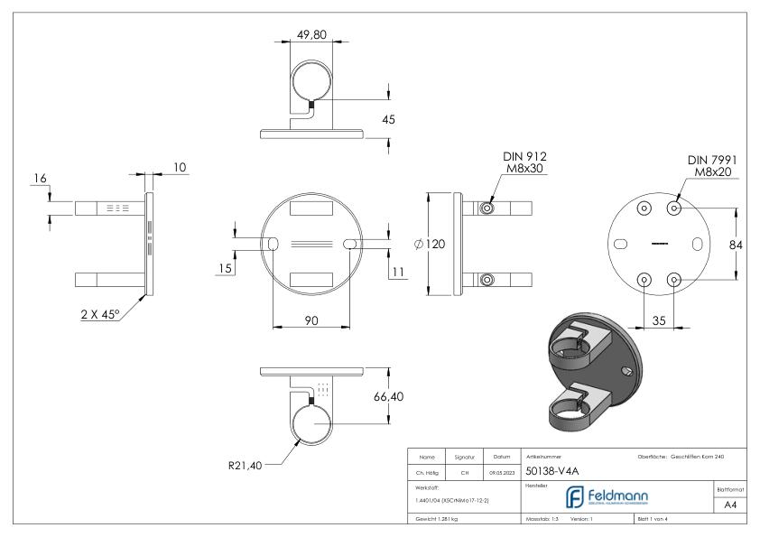 Wandbefestigung für Geländerpfosten 42,4mm, V4A
