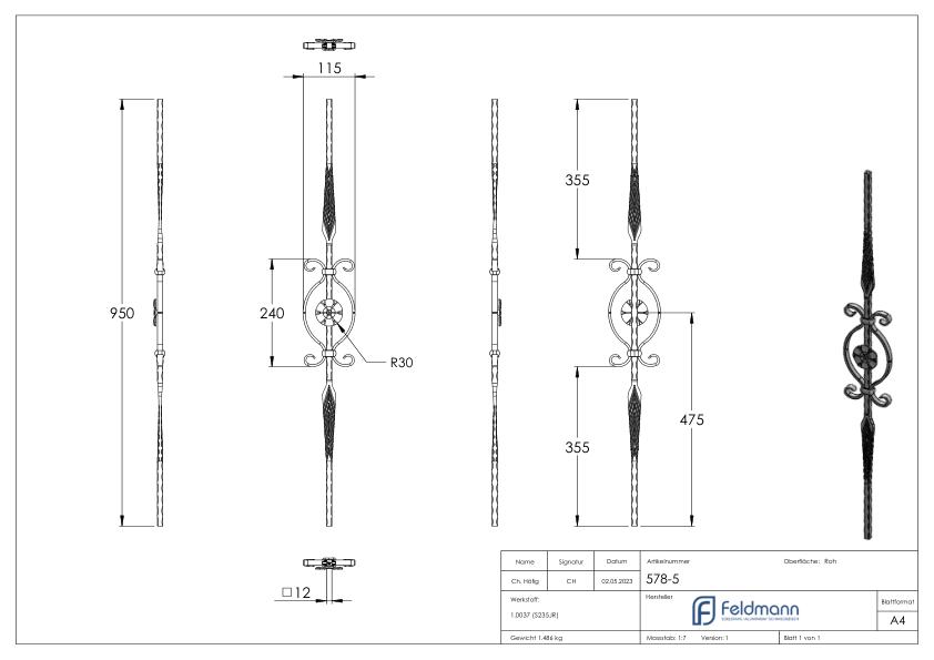 Zierstab 12x12mm, geschmiedet, H: 950mm