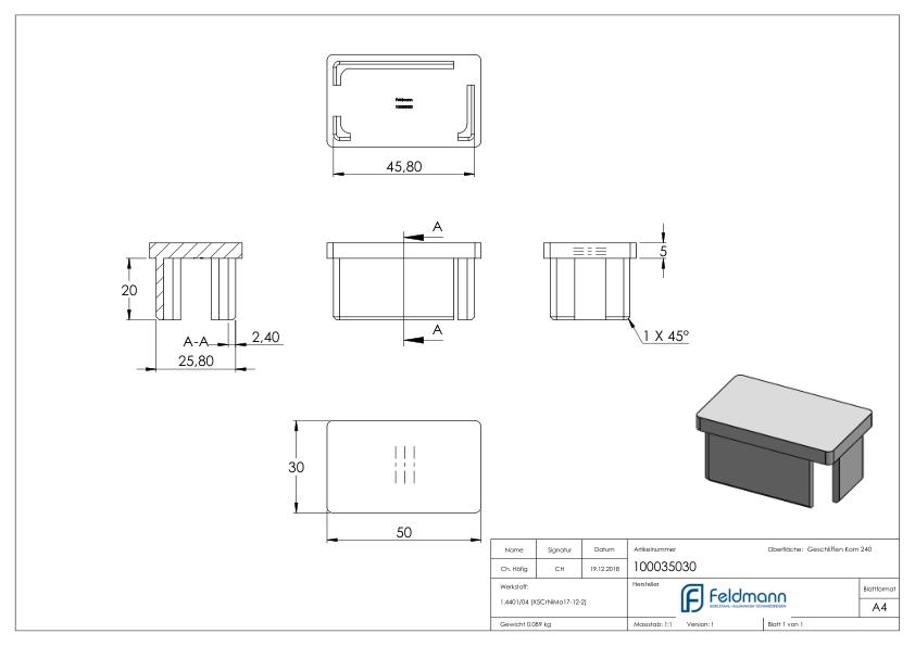 Einsteckkappe, für Rohr 50x30x2,0mm, V4A