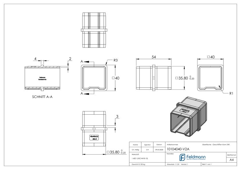 Verbinder für Rohr 40x40x2,0mm, V2A