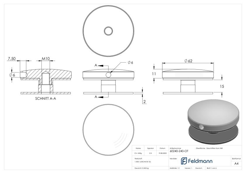 Oberteil für 62mm Glaspunkthalter, V2A