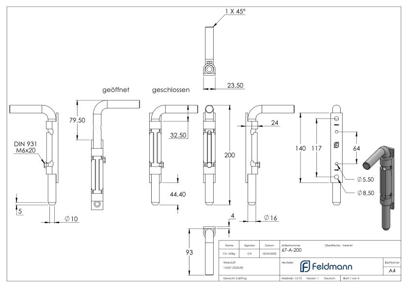 Torriegel zum Anschrauben, L: 200mm, verzinkt
