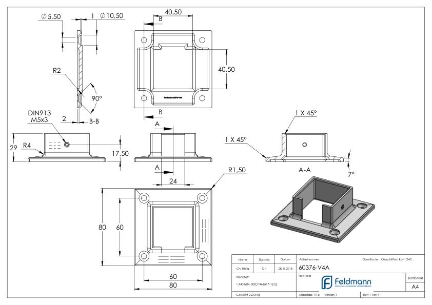 Wandbefestigung für Quadratnutrohr 40x40mm, V4A