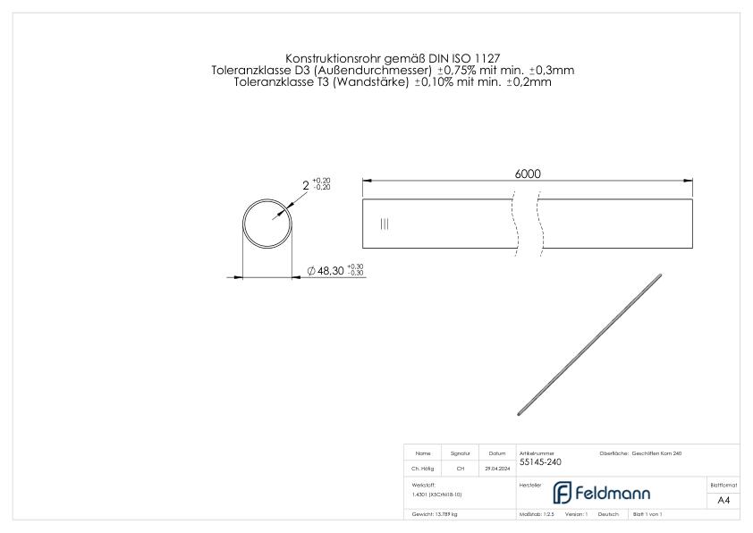 Edelstahlrohr, 48,3x2,0mm, L: 6000mm, V2A