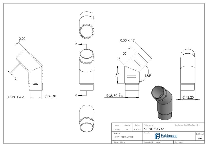 Eckstück 135°, für Rohr 42,4x2,0mm, V4A