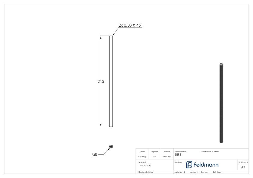 Gewindestange M8, Länge 214mm, verzinkt