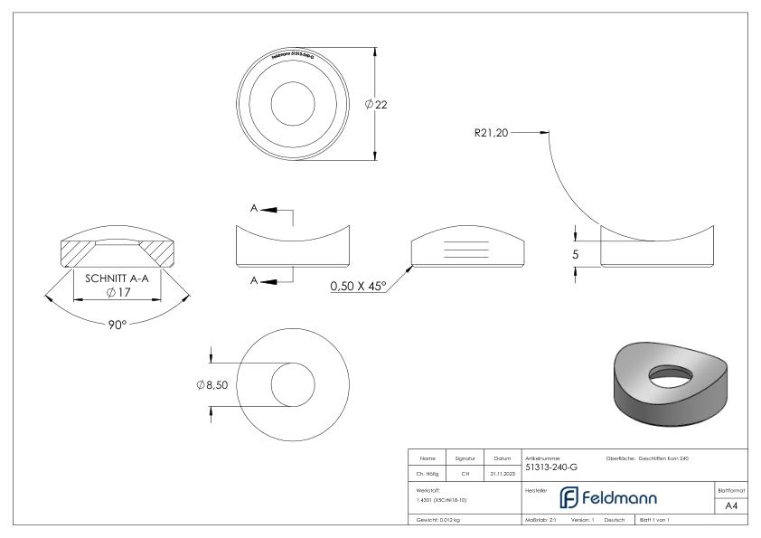 Ausgleichsstück (mit Senkung) für Rohr 42,4mm, Ø 22mm, V2A