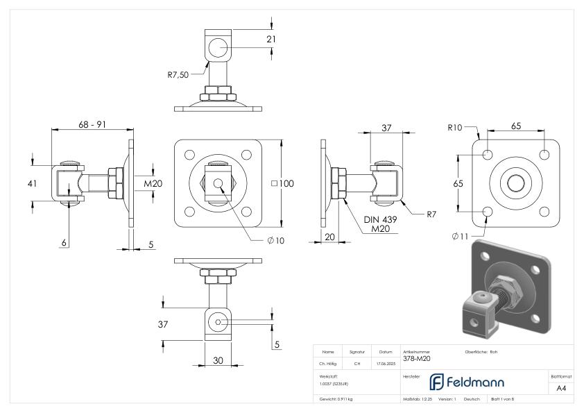 Torband M20 mit verstellbarer Platte, galvanisch verzinkt